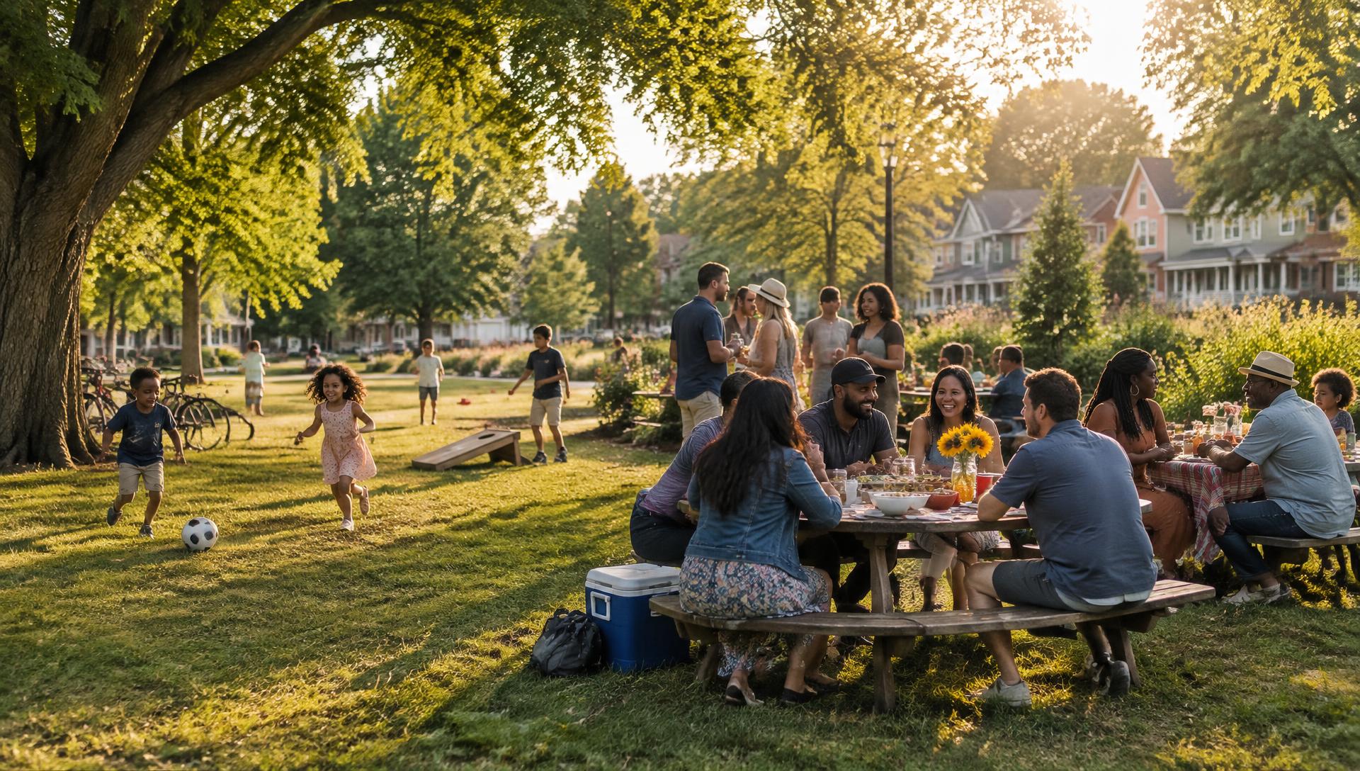 Neighbors gathering around picnic tables in a community park